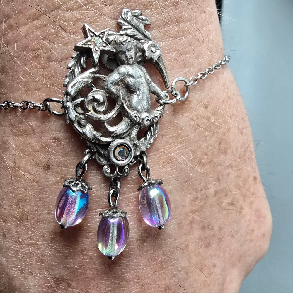 Kirks Folly Silver Tone Cherub Moon Star Bracelet AB Crystal Iridescent Beads